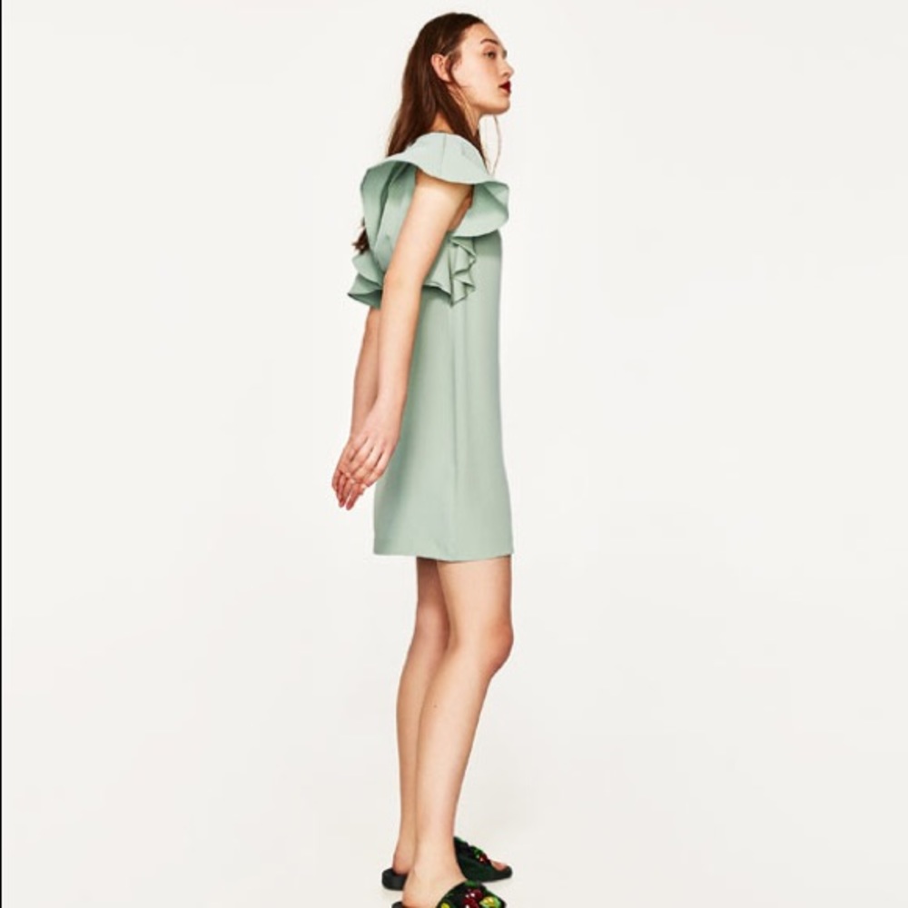 NWOT Zara Sea foam Green Flutter Sleeve Mini Dress - Picture 3 of 4